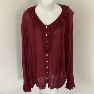 NorthStyle Burgundy Ruffle Button-Down Flowy Blouse Sz. 1X